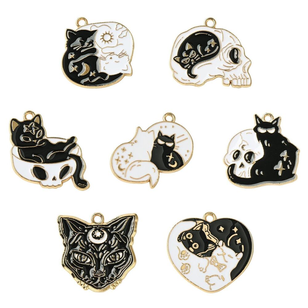 6568 35 pcs 7 Styles Black Cat Theme Alloy Enamel Charms Kitten Animal Pet